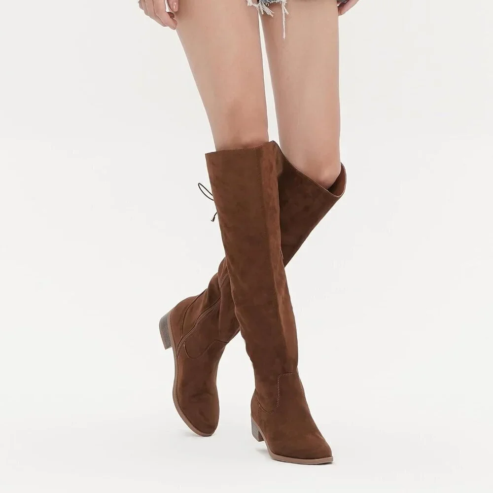 Women's Camel Faux Suede Over The Knee High Side Zip Block Heel Riding Booties